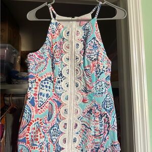 Beaded Trim Top in Aqua & Coral Print
